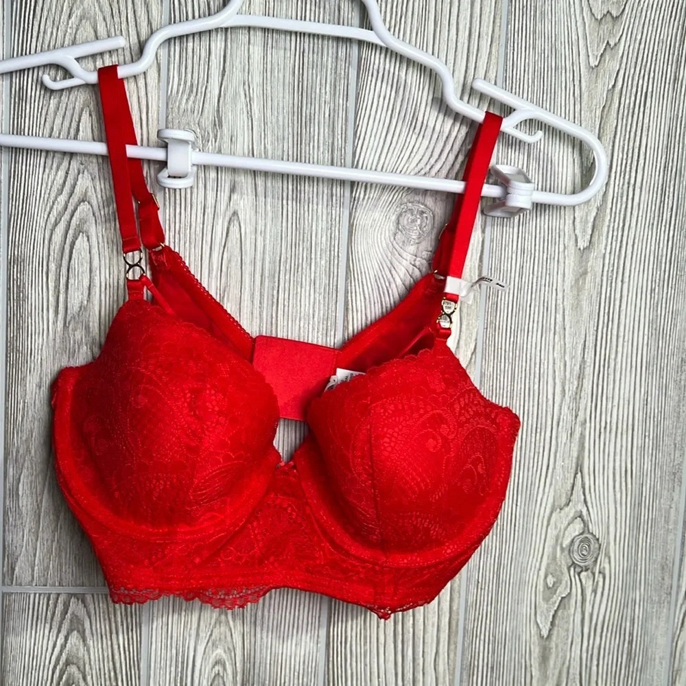Aerie Real Power Balconette Lightly Lined Bra Red Lace Size 34D